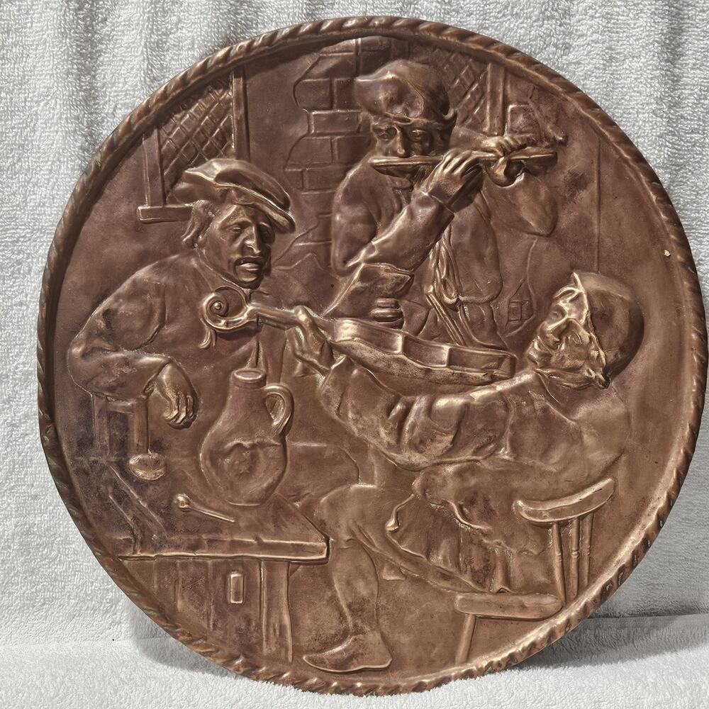 Vintage Embossed Copper Wall Plaque 13.25” Tavern Musicians Pub Scene